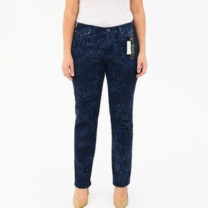 DG2 by Diane Gilman Blue Straight Leg Pants with Rhinestones Floral Pattern